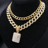 Full Iced Out Square Pendant & 18" Miami Curb Cuban Chain & 1 Row Cuban Choker Chain