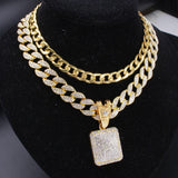 Full Iced Out Square Pendant & 18" Miami Curb Cuban Chain & 1 Row Cuban Choker Chain