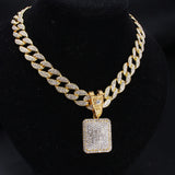 Full Iced Out Square Pendant & 18" Miami Curb Cuban Chain & 1 Row Cuban Choker Chain