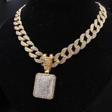 Full Iced Out Square Pendant & 18" Miami Curb Cuban Chain & 1 Row Cuban Choker Chain