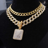 Full Iced Out Square Pendant & 18" Miami Curb Cuban Chain & 1 Row Cuban Choker Chain