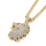 Iced Out Crystal Red Eye Lion Head Pendant Necklace