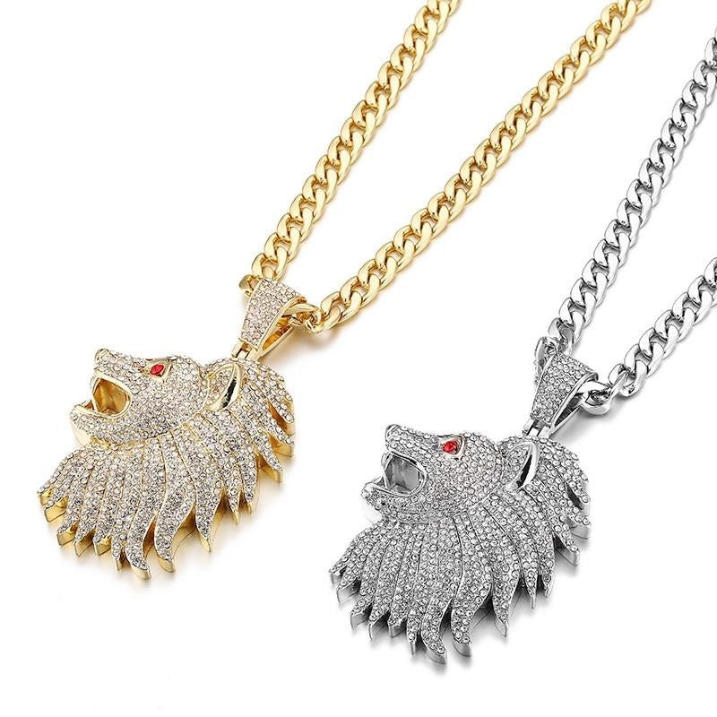 Iced Out Crystal Red Eye Lion Head Pendant Necklace