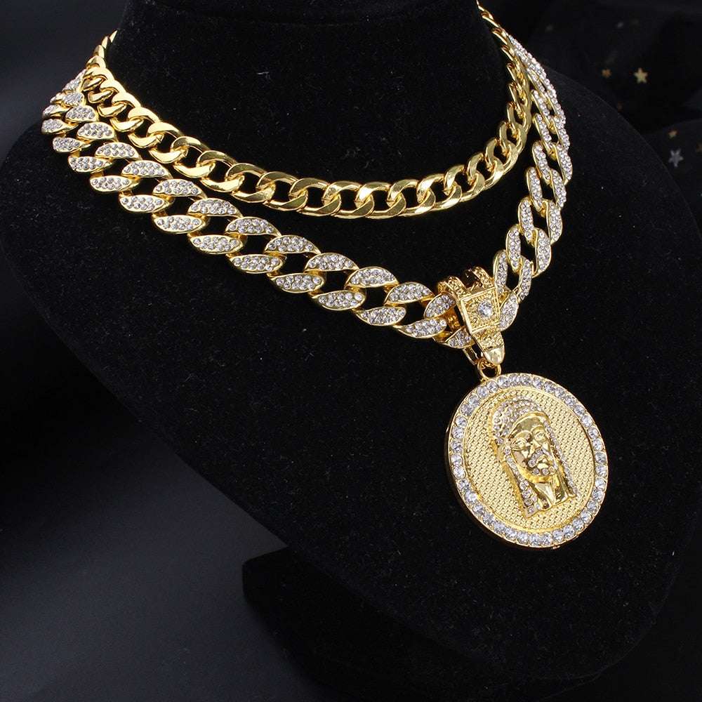 14K Gold Plated Full Iced Out Curb Cuban Chain & Round Jesus Head Pendant Necklace - Oshlily
