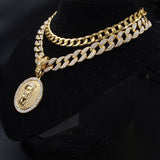 14K Gold Plated Full Iced Out Curb Cuban Chain & Round Jesus Head Pendant Necklace - Oshlily