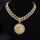 14K Gold Plated Full Iced Out Curb Cuban Chain & Round Jesus Head Pendant Necklace