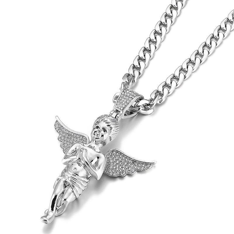 Iced Out Praying Wings Angel Charm Pendant&Necklace