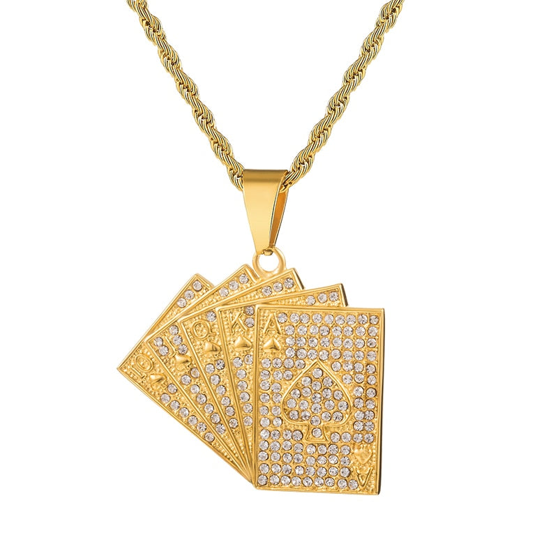 Iced out Bling Hearts Poker Pendant Necklace