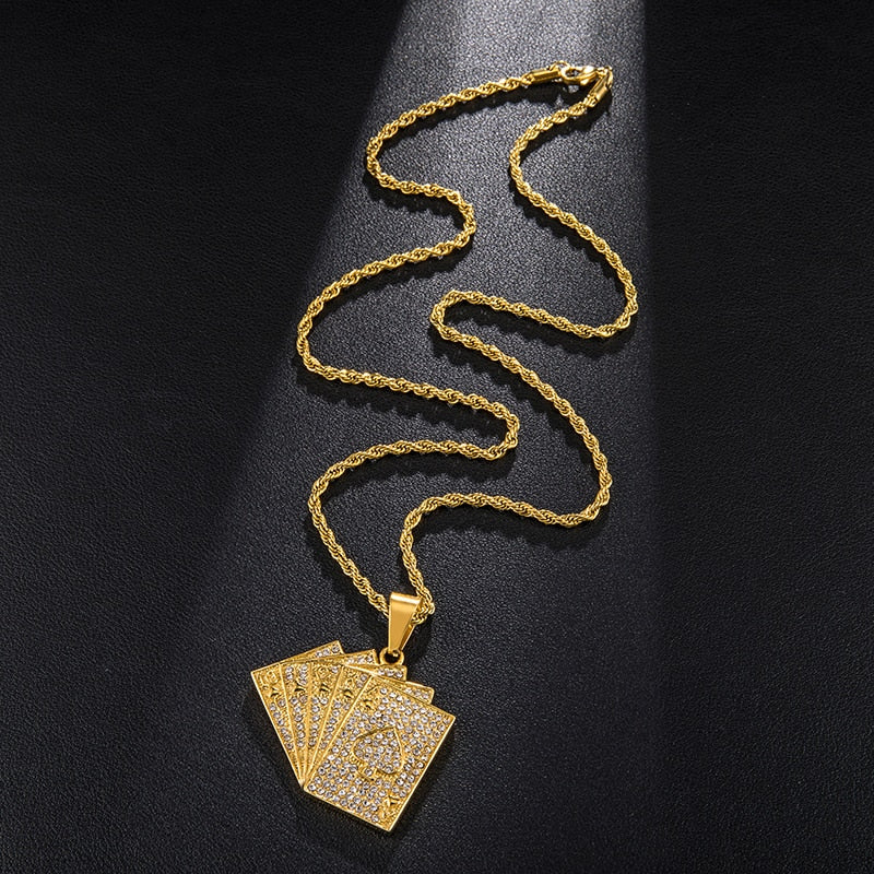 Iced out Bling Hearts Poker Pendant Necklace