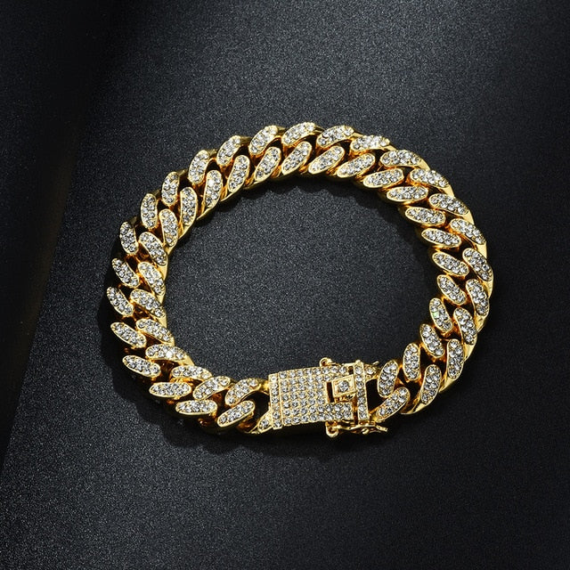 Full Iced Out Gold Necklace +Watch+Bracelet Miami Curb Cuban Chain