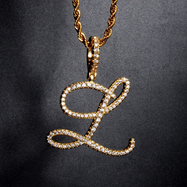 A-Z Cursive Letters Name Iced Out Cubic Zircon Pendant Necklace
