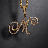 A-Z Cursive Letters Name Iced Out Cubic Zircon Pendant Necklace