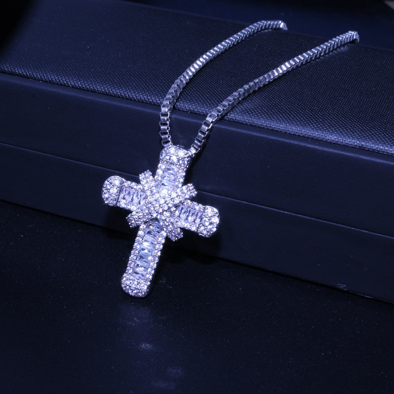 Classic Retro Shiny Cubic Zirconia Cross Crystal Cross Choker Pendant Necklace - Oshlily