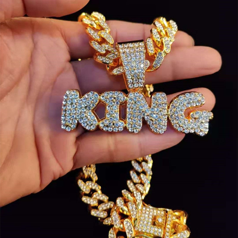 Iced Out Bling KING Pendant Necklace with 13mm Miami Cuban Chain