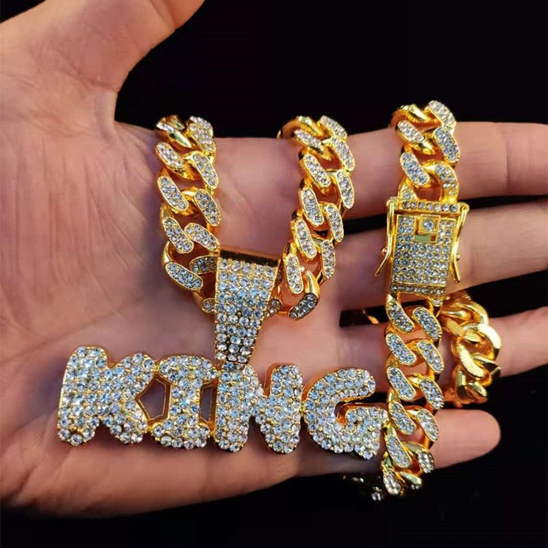 Iced Out Bling KING Pendant Necklace with 13mm Miami Cuban Chain