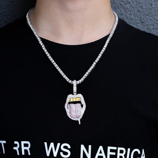 Dripping Lips Iced Out Bling Tongue Pendant Necklace