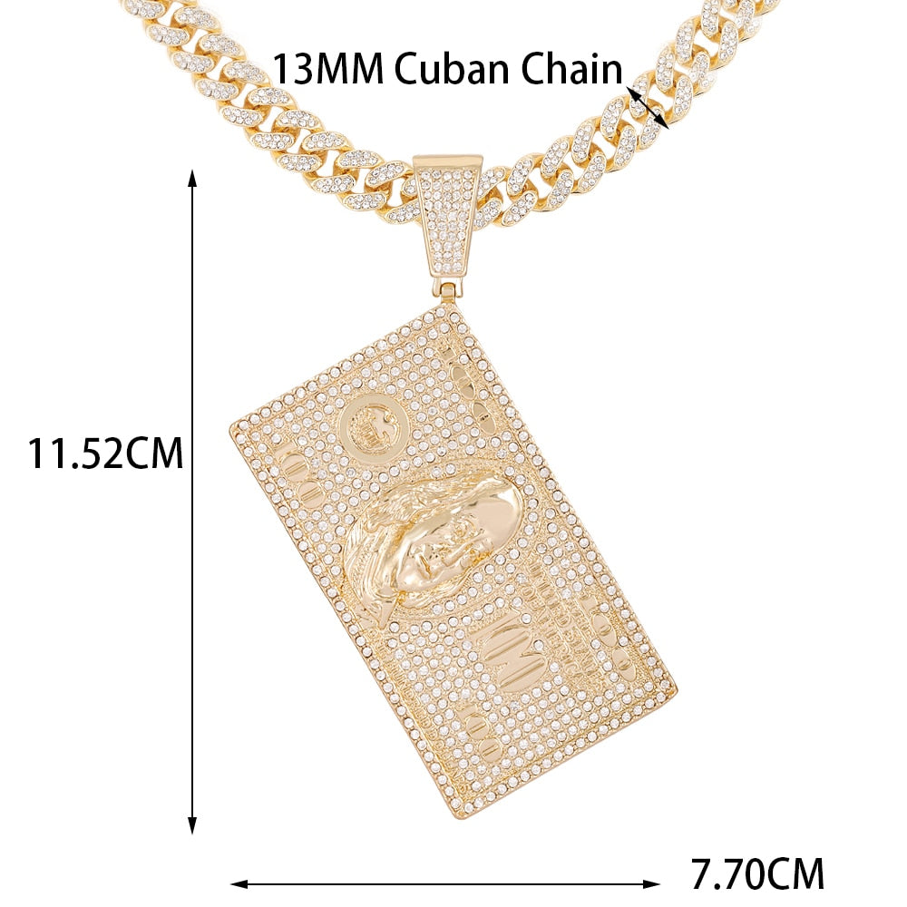 Iced Out Dollars Pendant Necklace Cuban Chain