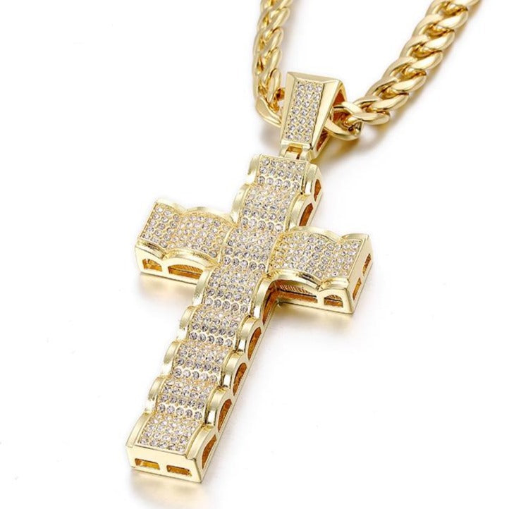 Wave-Shaped Large Cross Iced Out Bling Bling Crystal Pendant Necklace - Oshlily