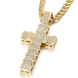 Wave-Shaped Large Cross Iced Out Bling Bling Crystal Pendant Necklace
