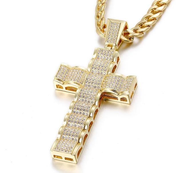 Wave-Shaped Large Cross Iced Out Bling Bling Crystal Pendant Necklace - Oshlily